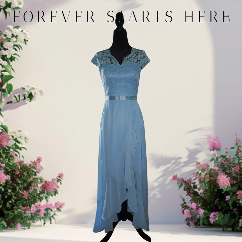 Blue Asymmetrical High-Low Maxi Dress with Flutter Cap Sleeves - Picture 1 of 5